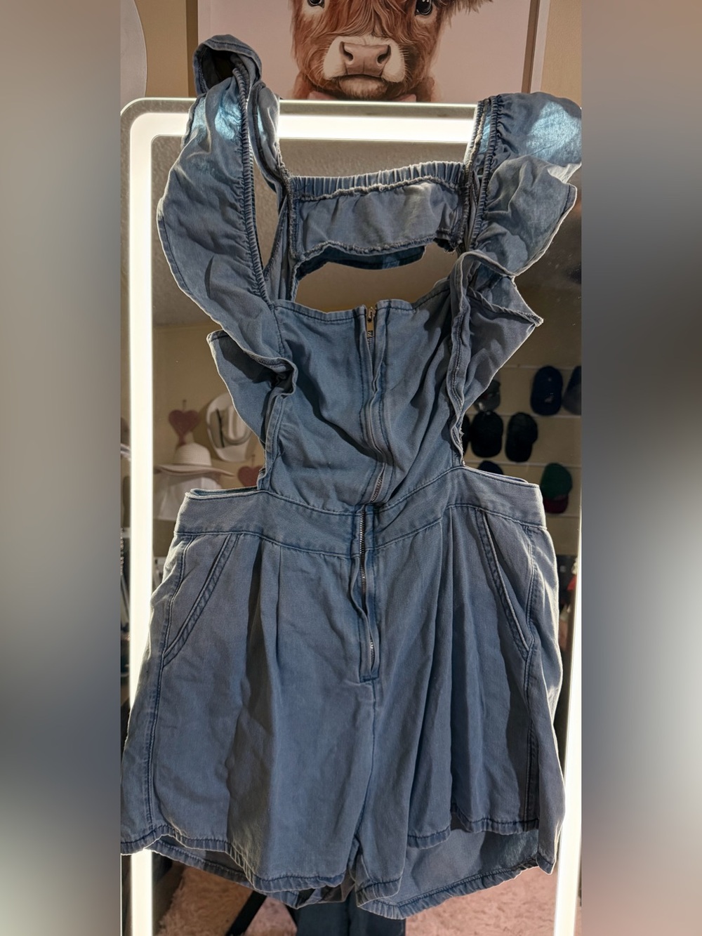 SHEIN Blue Ruffled Denim Cargo Shorts Romper